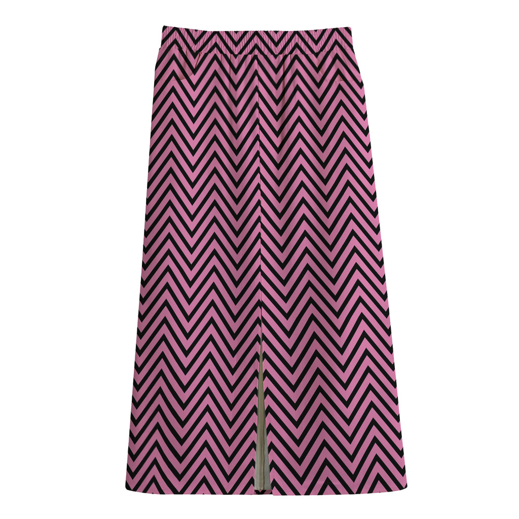 Pink And Black Zigzag Pattern Print Cotton Front Slit Maxi Skirt