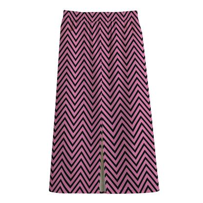Pink And Black Zigzag Pattern Print Cotton Front Slit Maxi Skirt