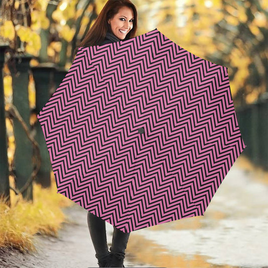 Pink And Black Zigzag Pattern Print Foldable Umbrella