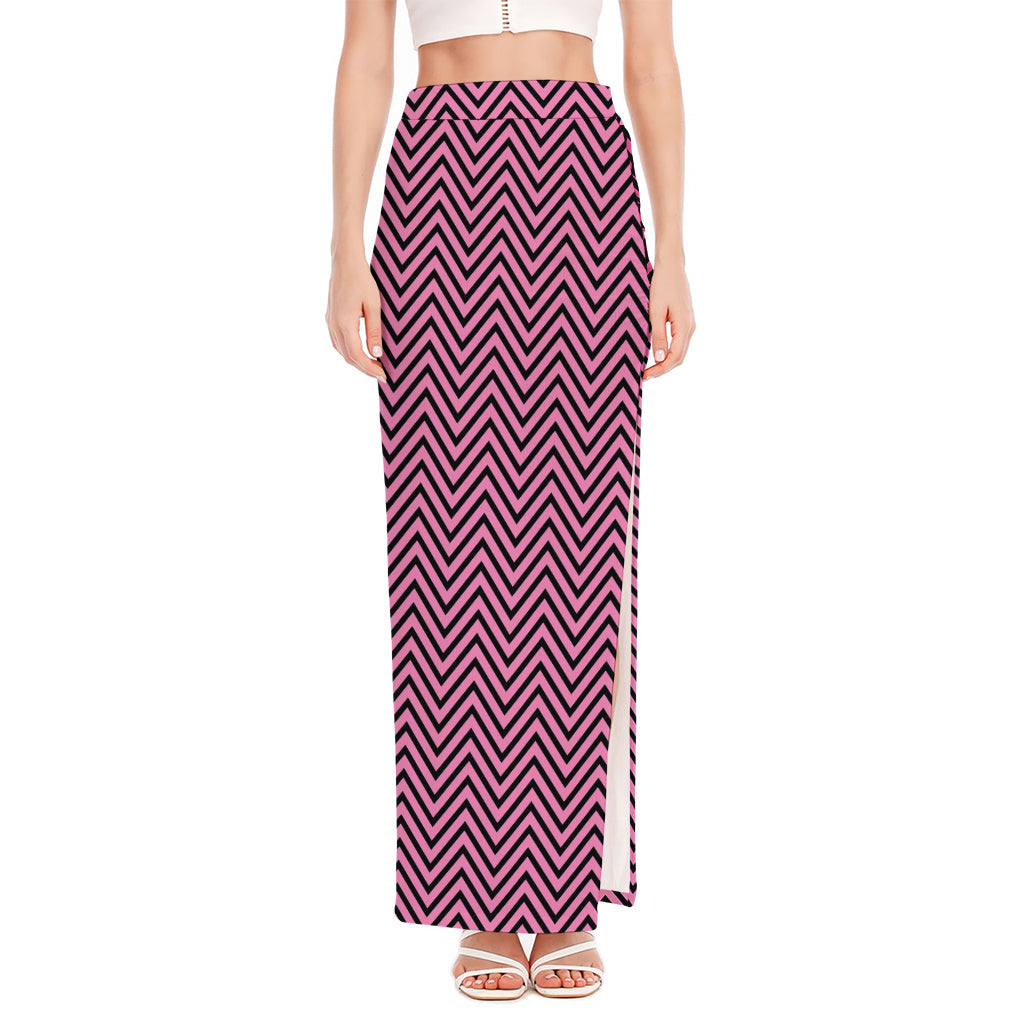 Pink And Black Zigzag Pattern Print High Slit Maxi Skirt