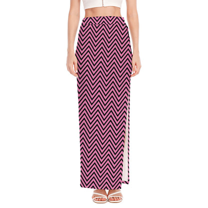 Pink And Black Zigzag Pattern Print High Slit Maxi Skirt