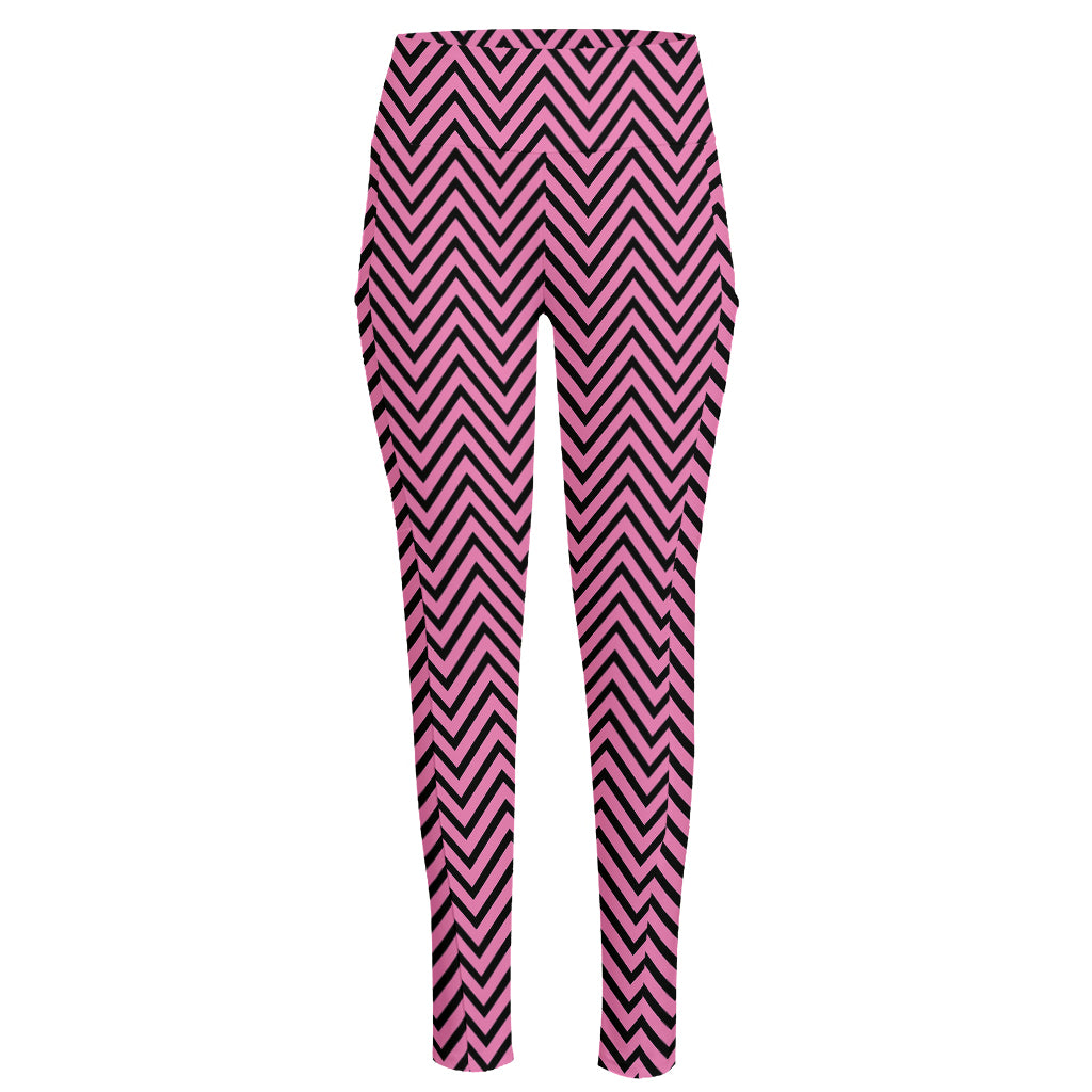 Pink And Black Zigzag Pattern Print High-Waisted Pocket Leggings