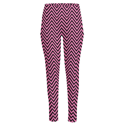 Pink And Black Zigzag Pattern Print High-Waisted Pocket Leggings