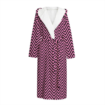 Pink And Black Zigzag Pattern Print Hooded Bathrobe