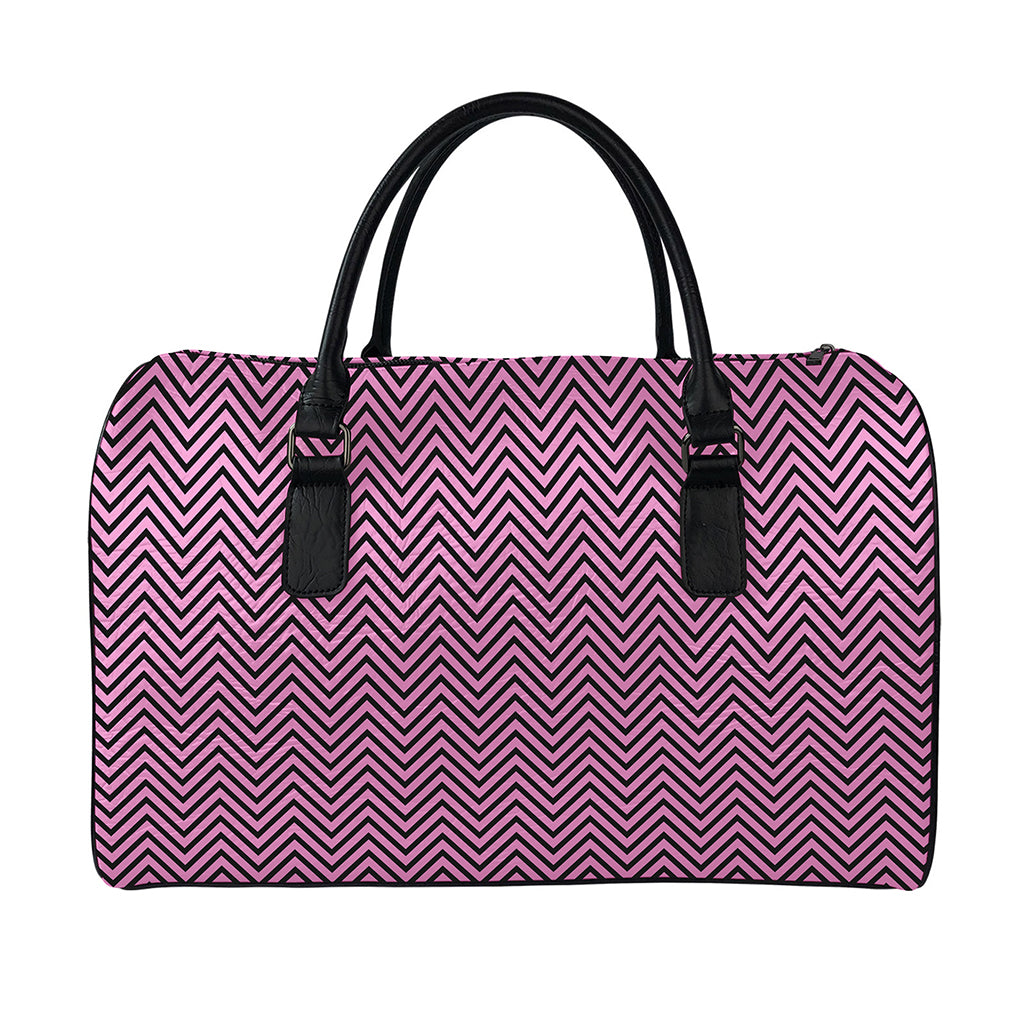 Pink And Black Zigzag Pattern Print Leather Duffle Bag