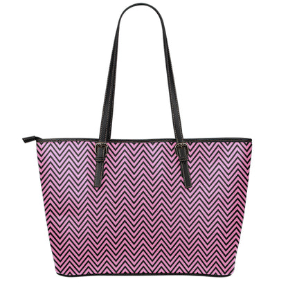 Pink And Black Zigzag Pattern Print Leather Tote Bag