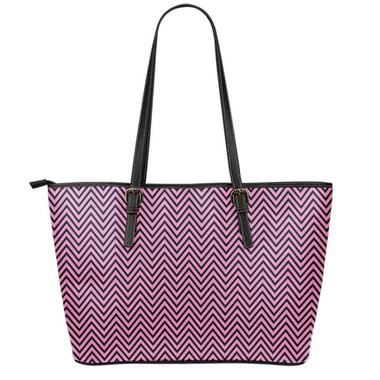 Pink And Black Zigzag Pattern Print Leather Tote Bag
