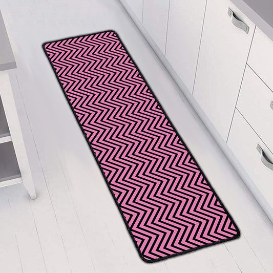 Pink And Black Zigzag Pattern Print Long Kitchen Mat