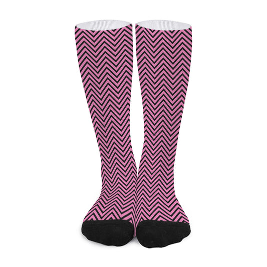 Pink And Black Zigzag Pattern Print Long Socks