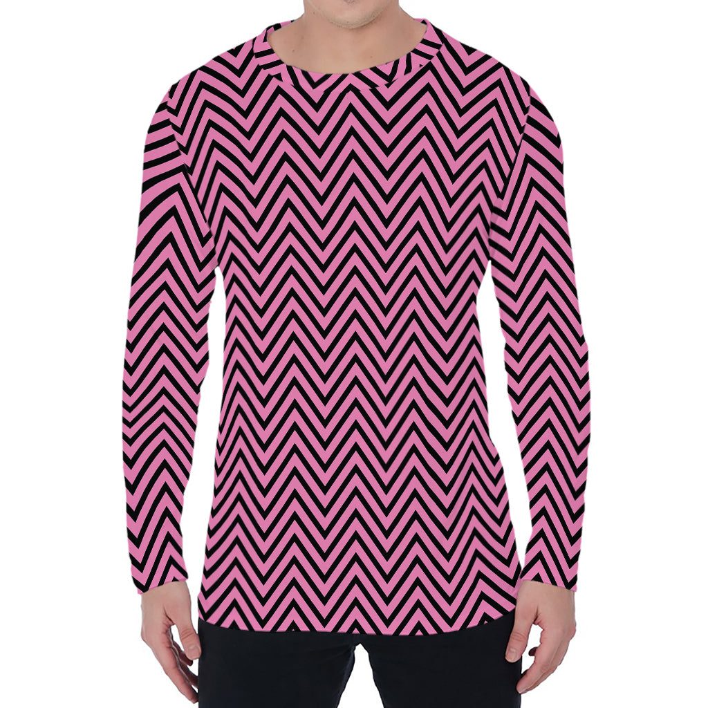 Pink And Black Zigzag Pattern Print Men's Long Sleeve T-Shirt