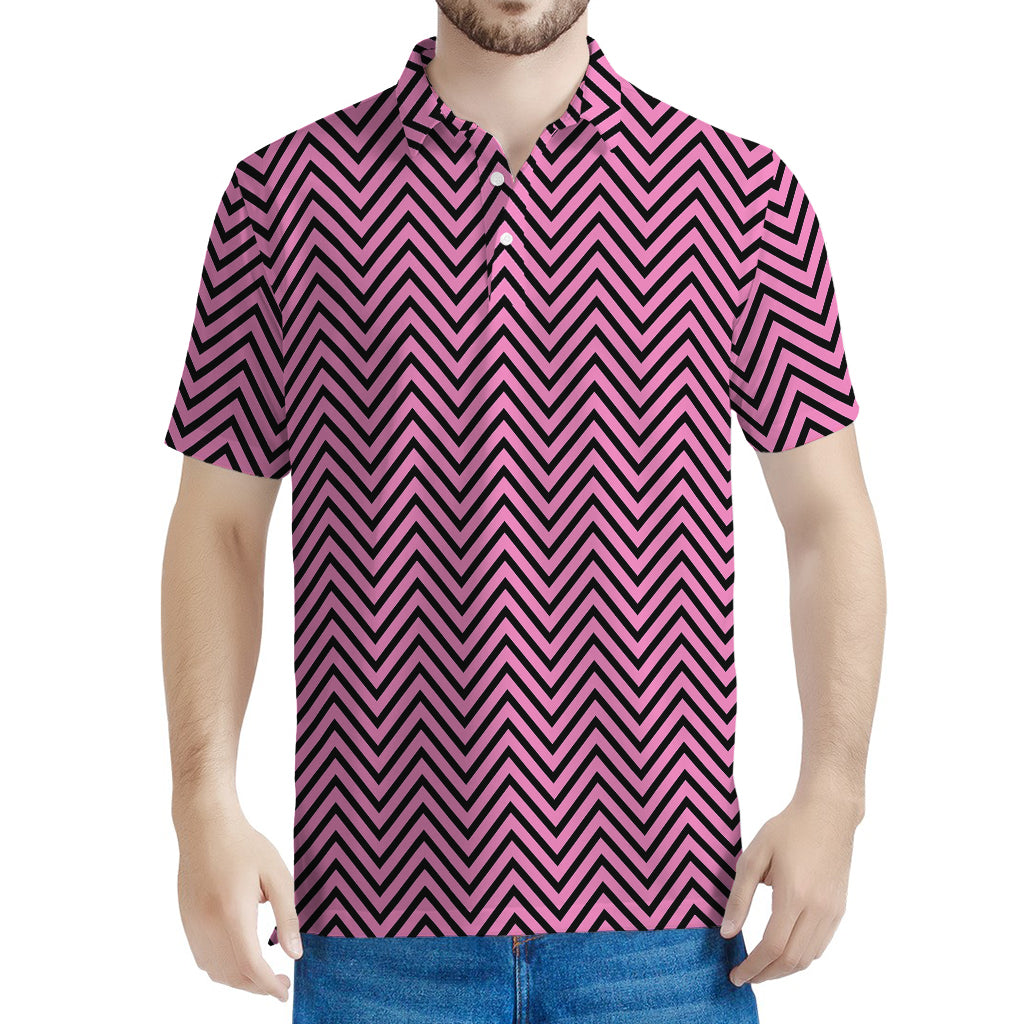Pink And Black Zigzag Pattern Print Men's Polo Shirt
