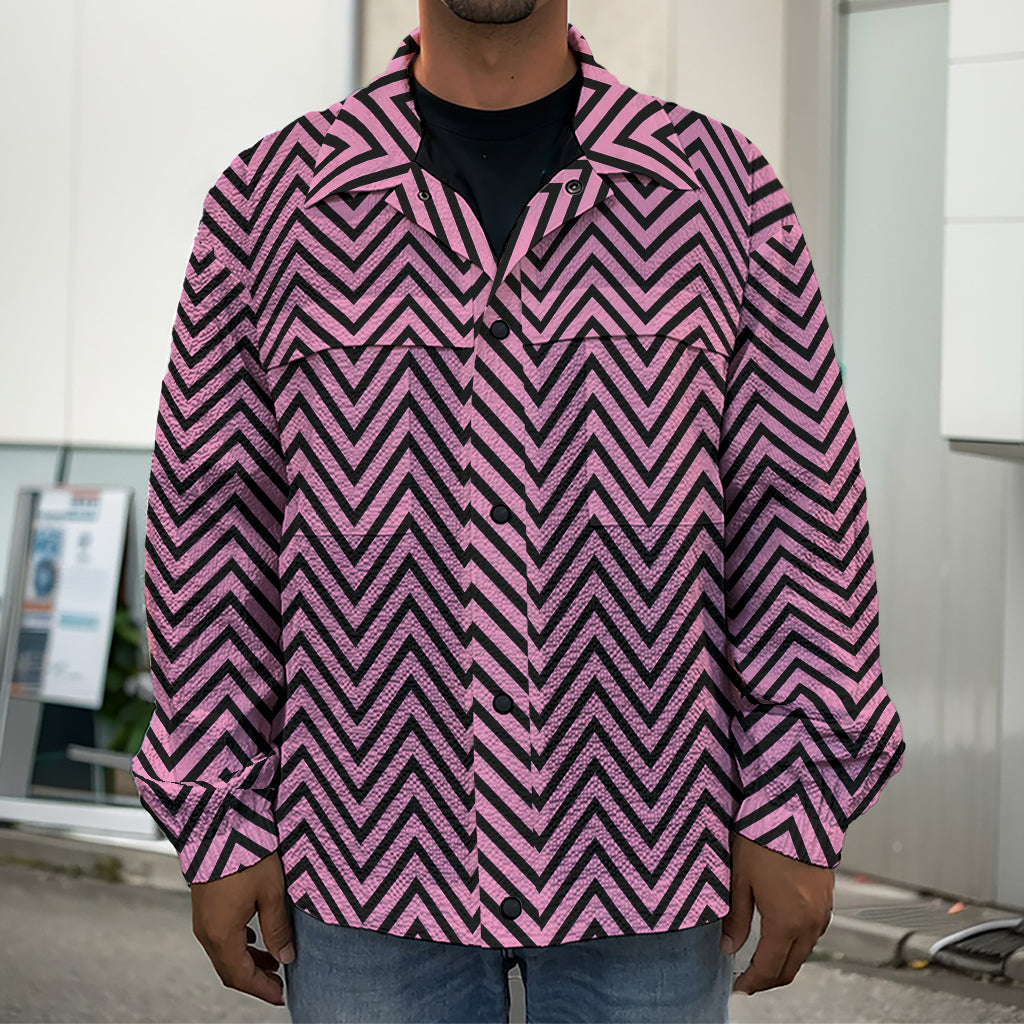 Pink And Black Zigzag Pattern Print Men's Shirt Jacket