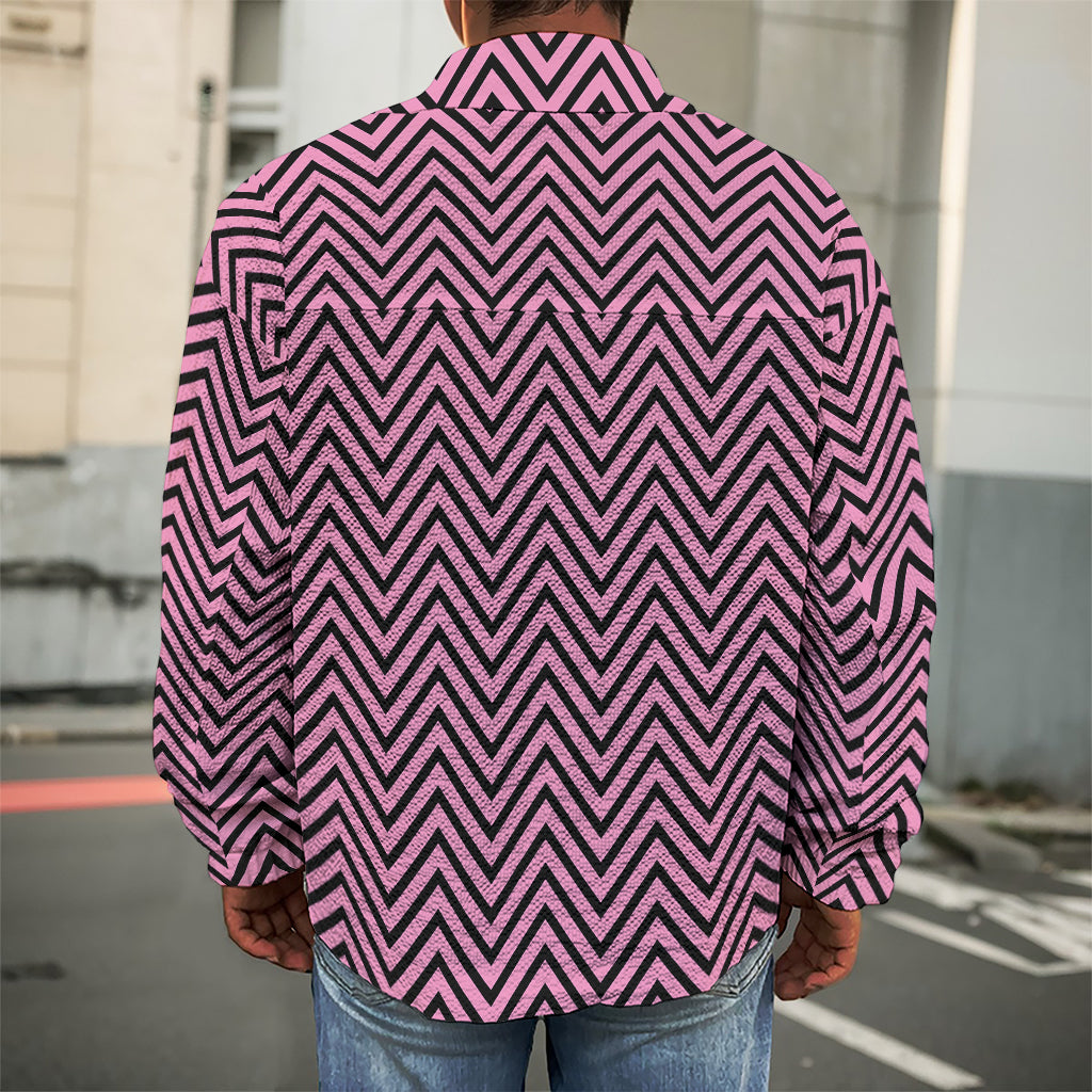 Pink And Black Zigzag Pattern Print Men's Shirt Jacket