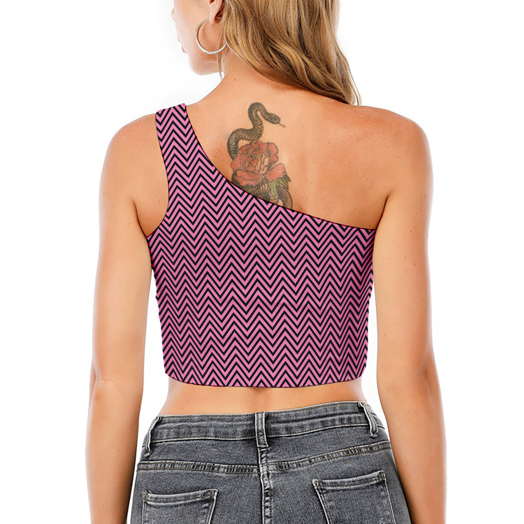 Pink And Black Zigzag Pattern Print One Shoulder Crop Top