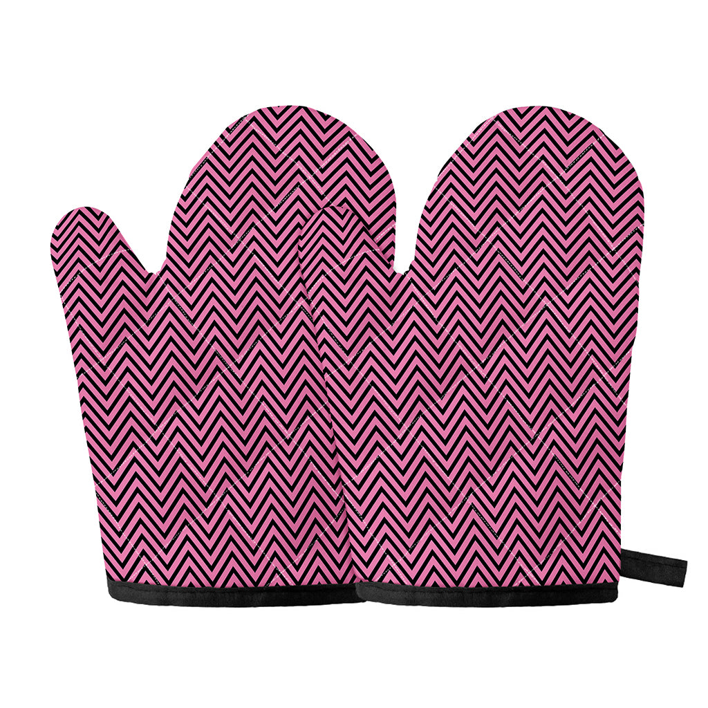 Pink And Black Zigzag Pattern Print Oven Mitts