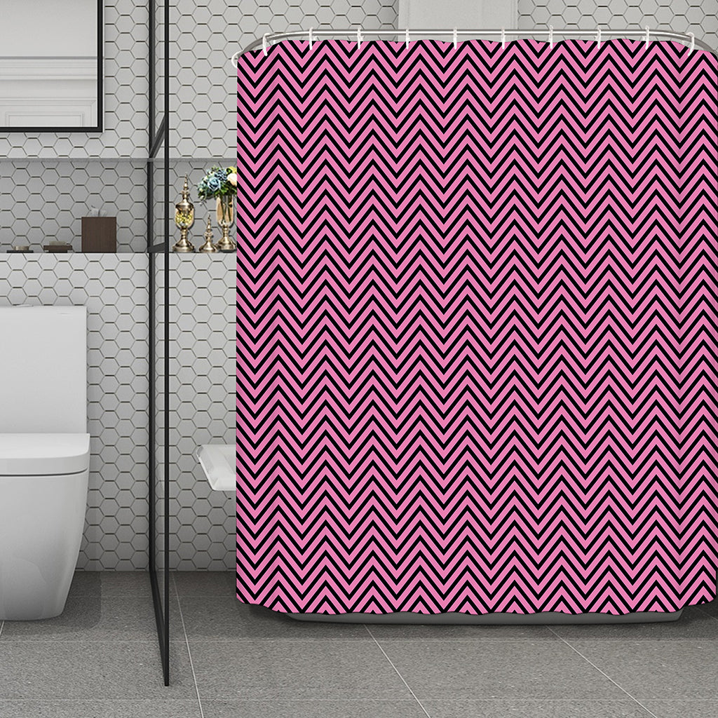 Pink And Black Zigzag Pattern Print Polyester Shower Curtain