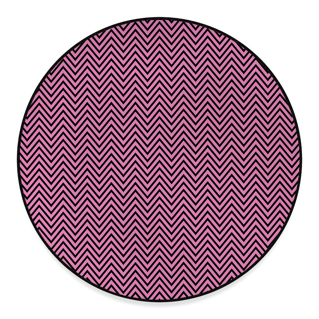 Pink And Black Zigzag Pattern Print Round Floor Mat