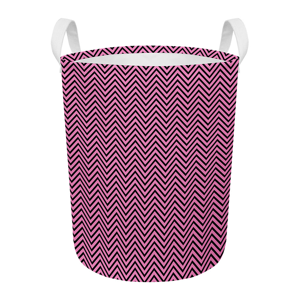 Pink And Black Zigzag Pattern Print Round Laundry Basket