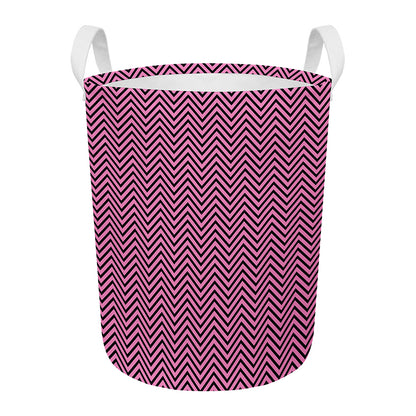 Pink And Black Zigzag Pattern Print Round Laundry Basket