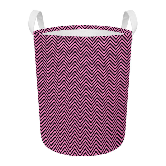 Pink And Black Zigzag Pattern Print Round Laundry Basket