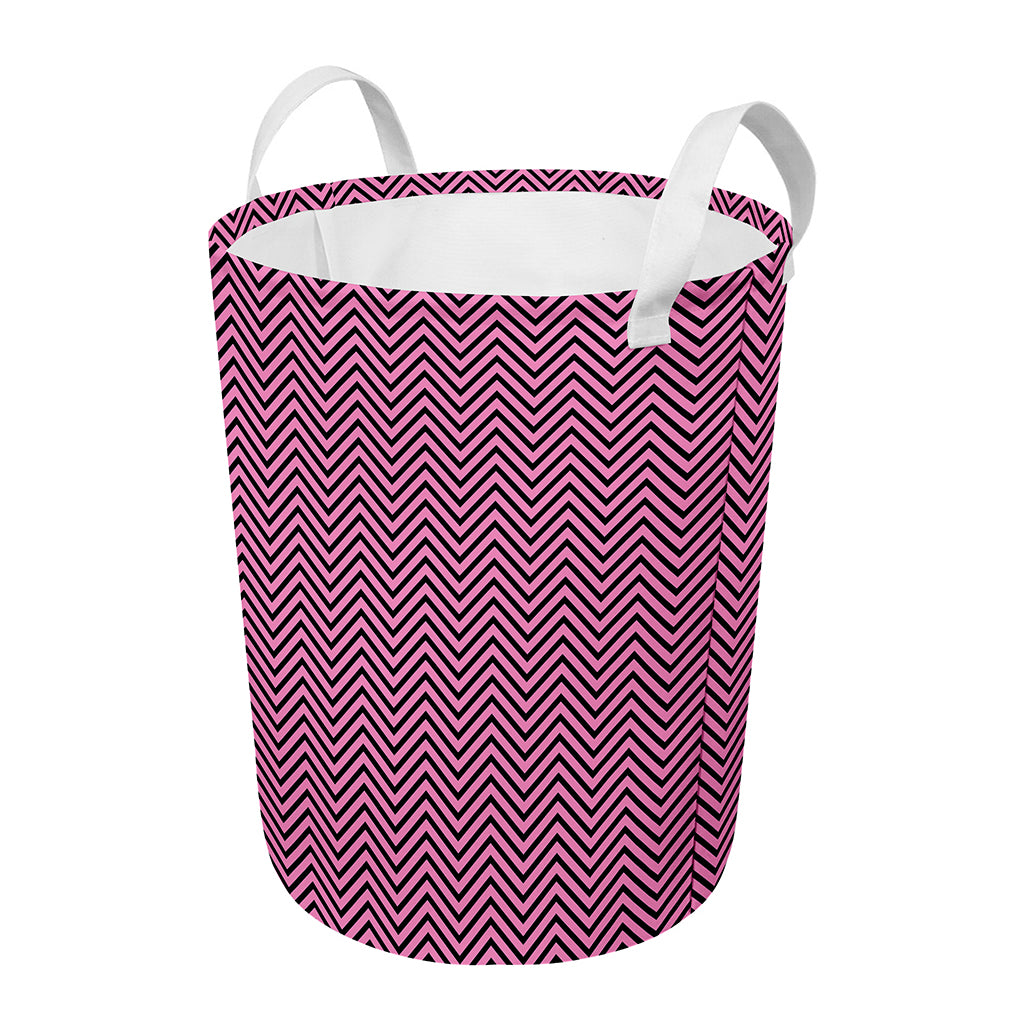 Pink And Black Zigzag Pattern Print Round Laundry Basket
