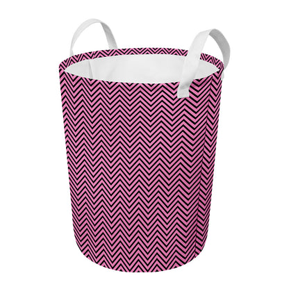Pink And Black Zigzag Pattern Print Round Laundry Basket