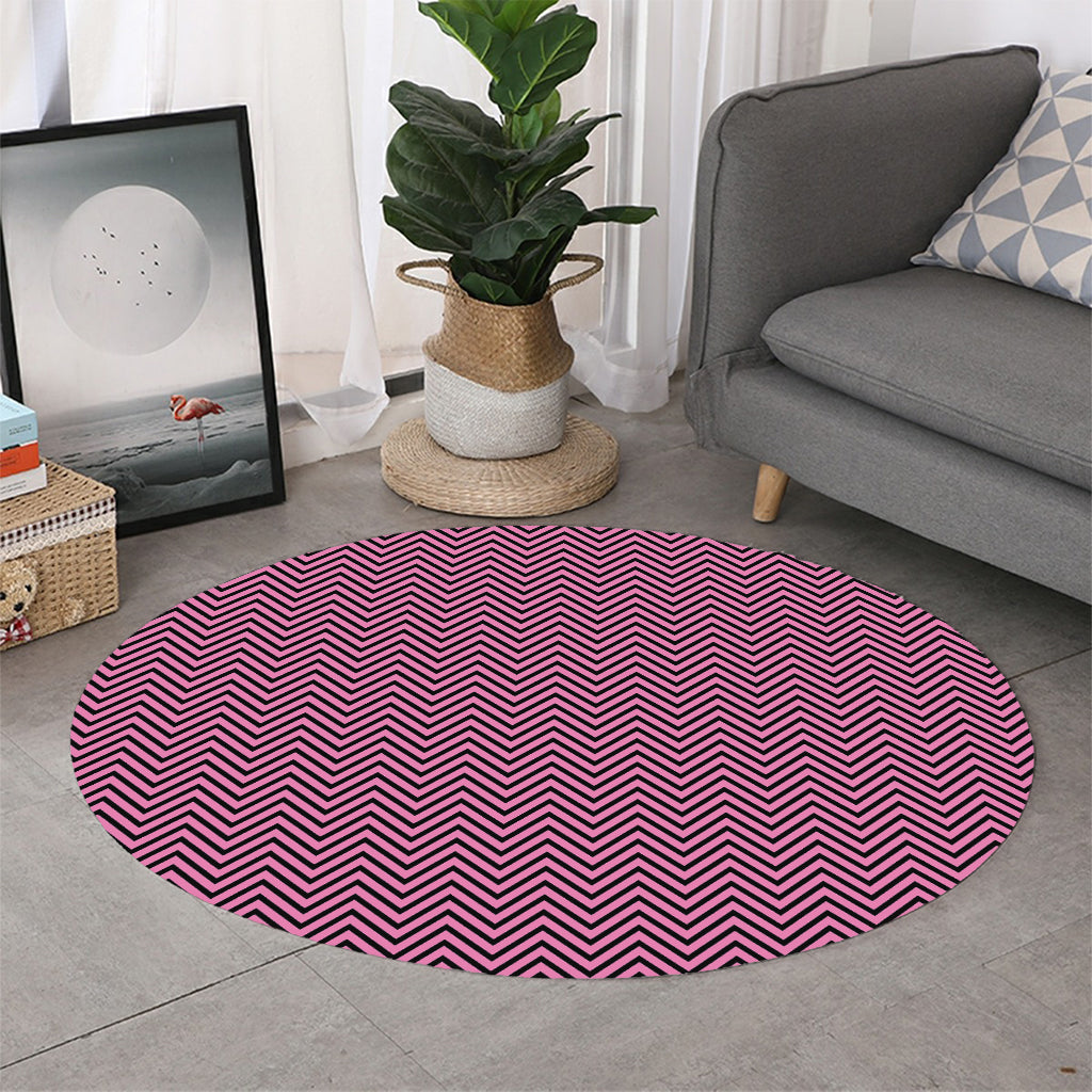 Pink And Black Zigzag Pattern Print Round Rug