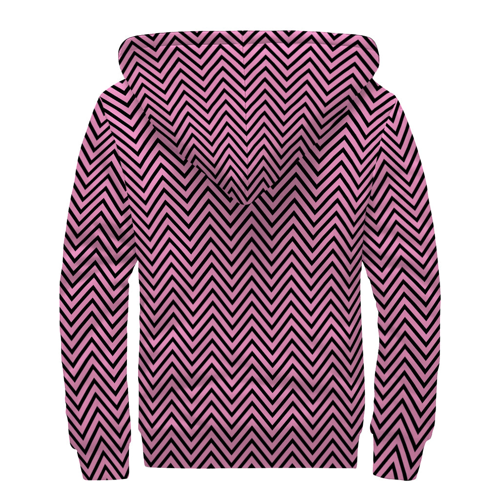 Pink And Black Zigzag Pattern Print Sherpa Lined Zip Up Hoodie