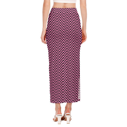 Pink And Black Zigzag Pattern Print Side Slit Maxi Skirt