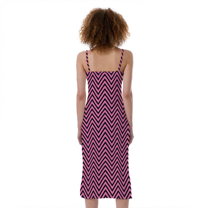 Pink And Black Zigzag Pattern Print Slim Fit Midi Cami Dress