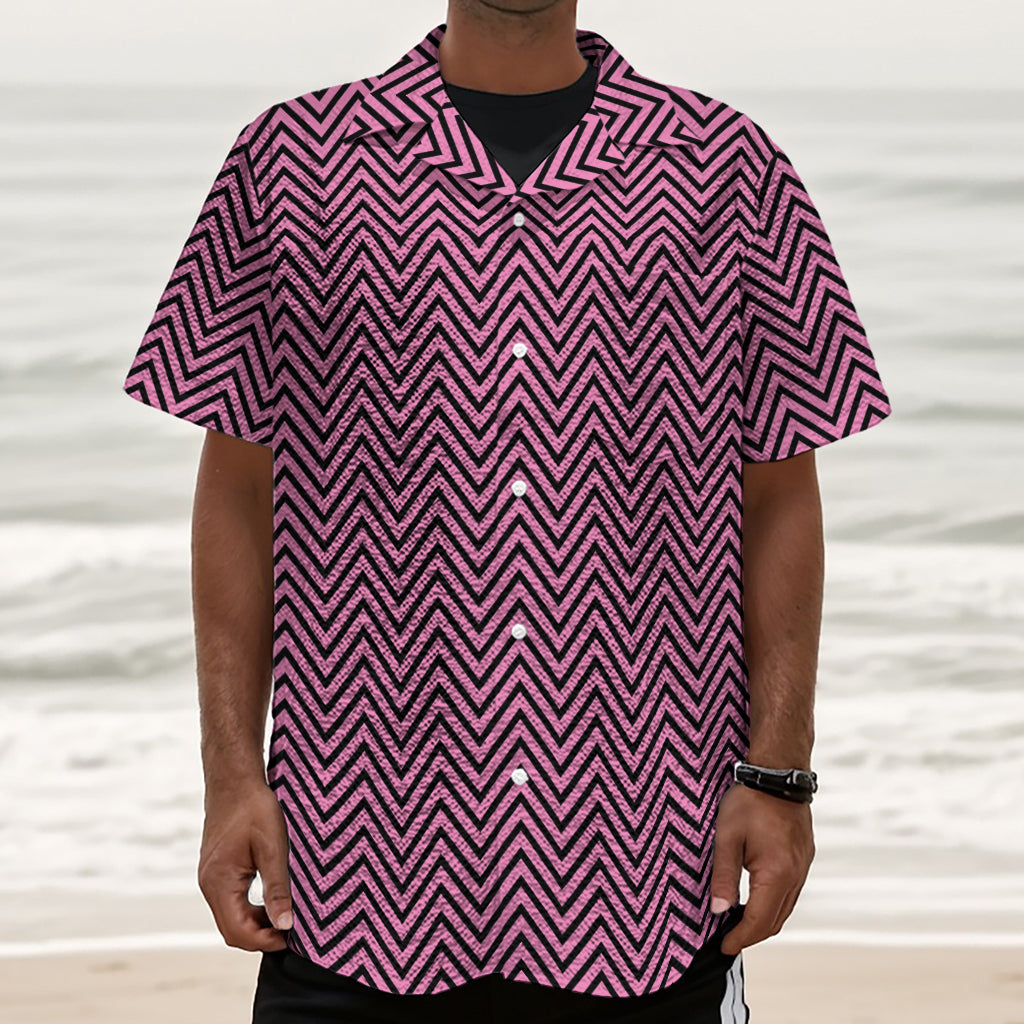 Pink And Black Zigzag Pattern Print Textured Short Sleeve Shirt