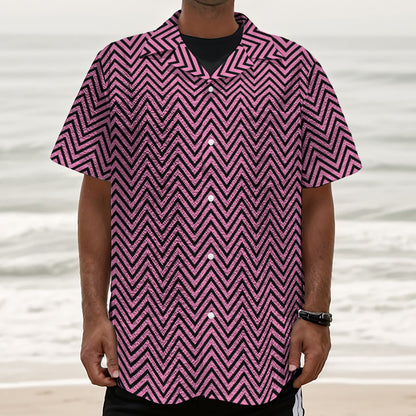 Pink And Black Zigzag Pattern Print Textured Short Sleeve Shirt
