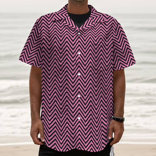 Pink And Black Zigzag Pattern Print Textured Short Sleeve Shirt