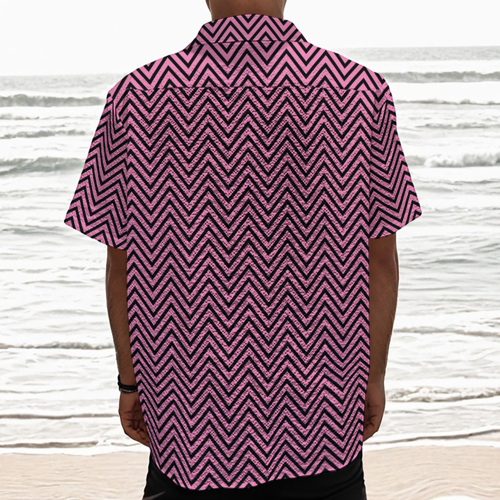 Pink And Black Zigzag Pattern Print Textured Short Sleeve Shirt