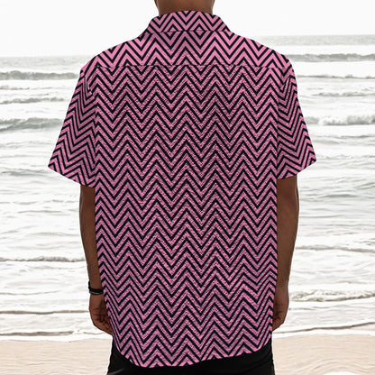 Pink And Black Zigzag Pattern Print Textured Short Sleeve Shirt