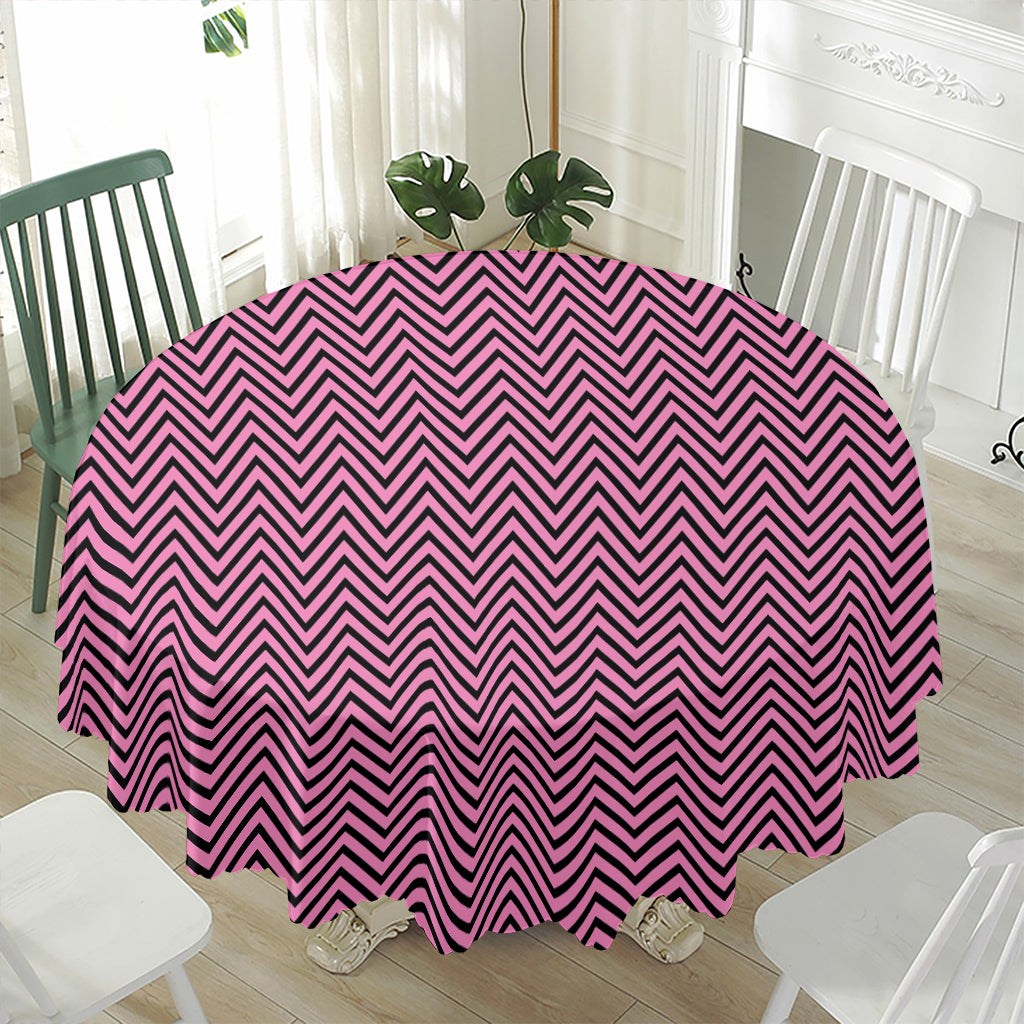 Pink And Black Zigzag Pattern Print Waterproof Round Tablecloth