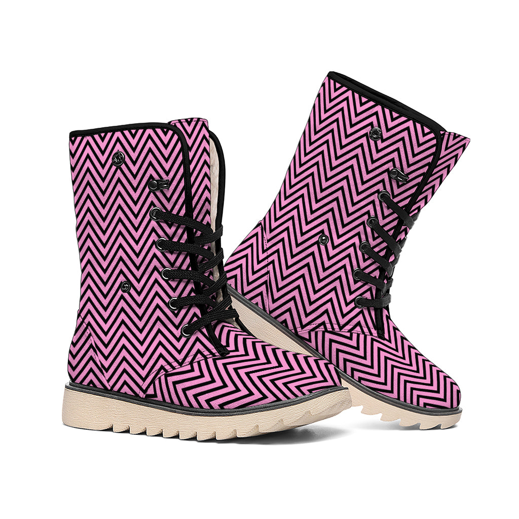 Pink And Black Zigzag Pattern Print Winter Boots