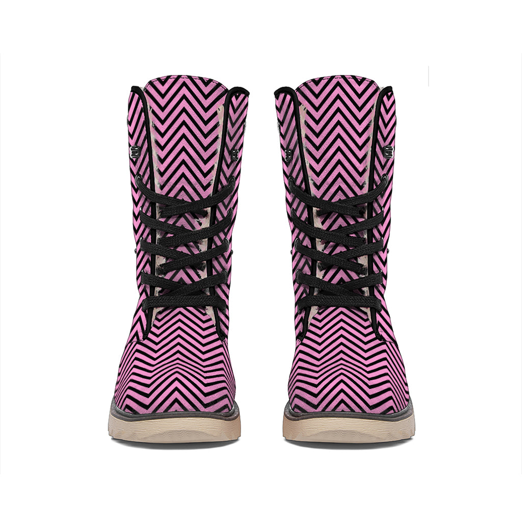 Pink And Black Zigzag Pattern Print Winter Boots