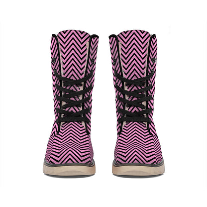 Pink And Black Zigzag Pattern Print Winter Boots