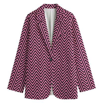 Pink And Black Zigzag Pattern Print Women's Cotton Blazer