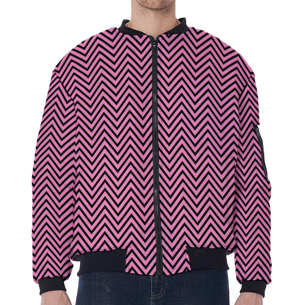 Pink And Black Zigzag Pattern Print Zip Sleeve Bomber Jacket
