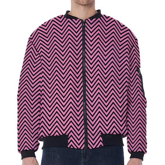 Pink And Black Zigzag Pattern Print Zip Sleeve Bomber Jacket