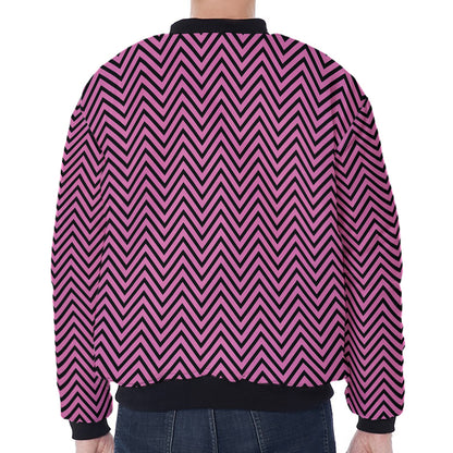 Pink And Black Zigzag Pattern Print Zip Sleeve Bomber Jacket