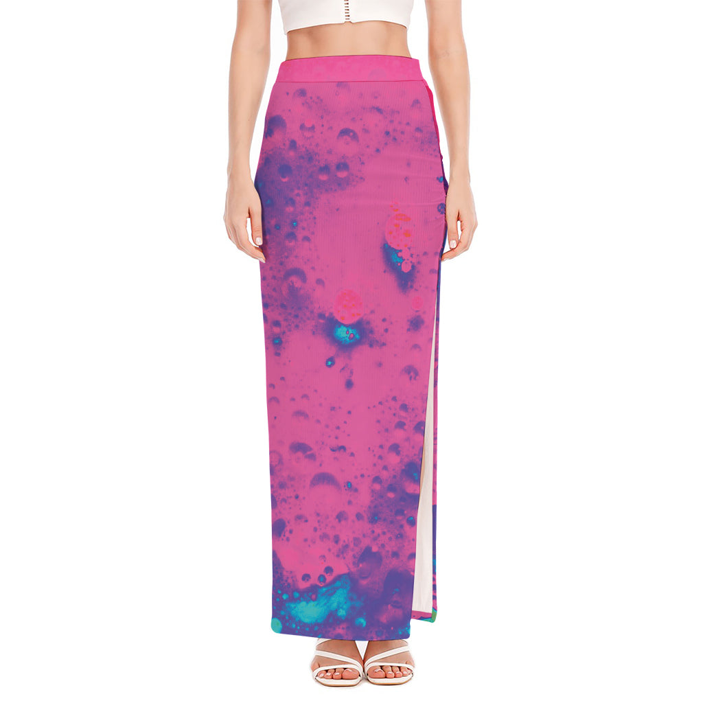 Pink And Blue Acid Melt Print High Slit Maxi Skirt