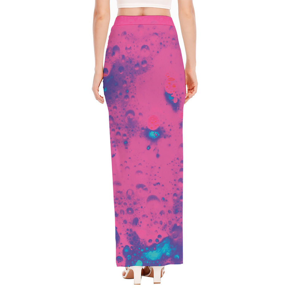 Pink And Blue Acid Melt Print High Slit Maxi Skirt