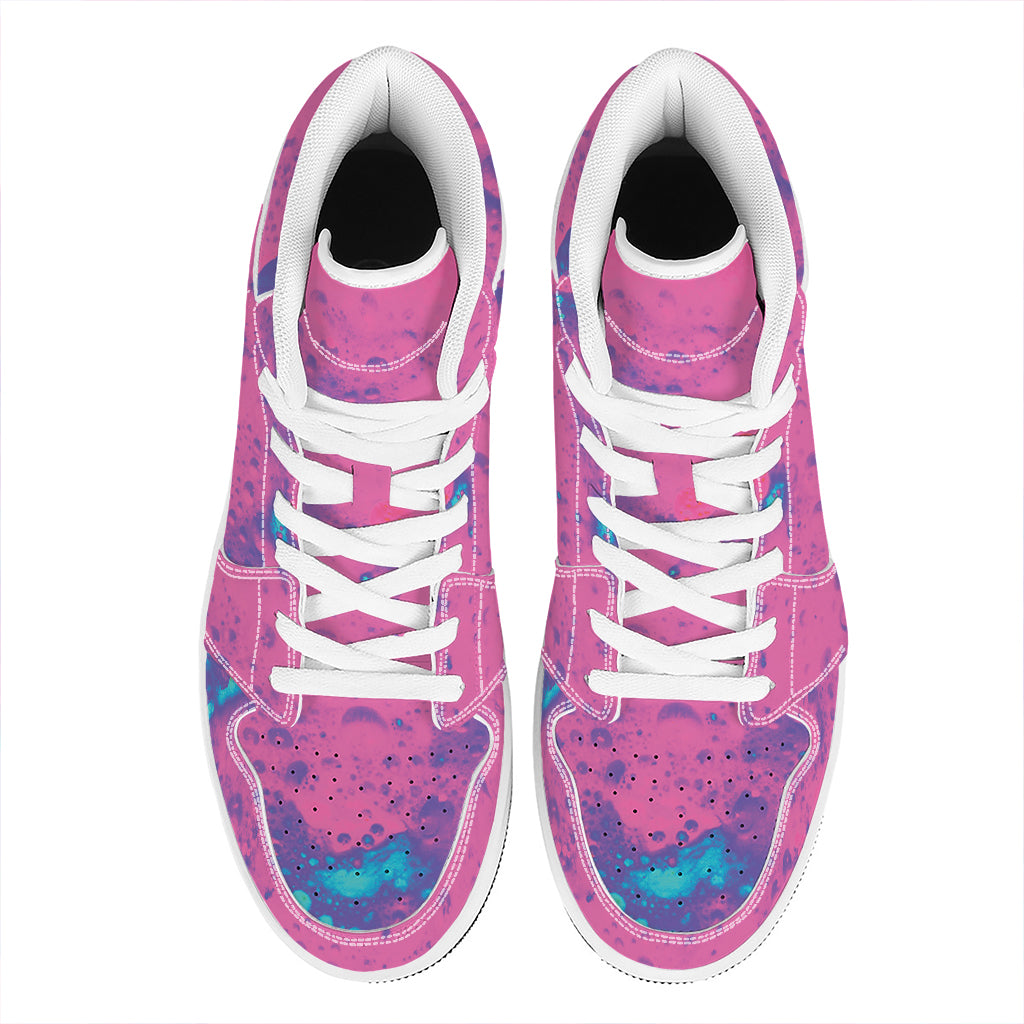 Pink And Blue Acid Melt Print High Top Leather Sneakers