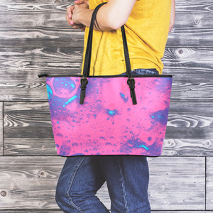 Pink And Blue Acid Melt Print Leather Tote Bag