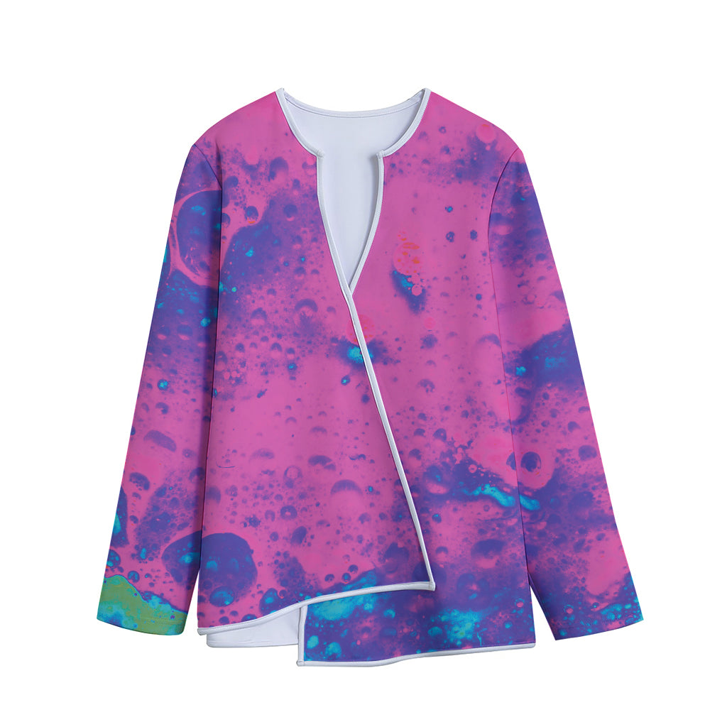 Pink And Blue Acid Melt Print Long Sleeve Short Coat