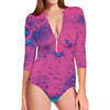 Pink And Blue Acid Melt Print Long Sleeve Swimsuit