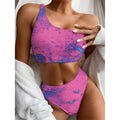 Pink And Blue Acid Melt Print One Shoulder Bikini Set